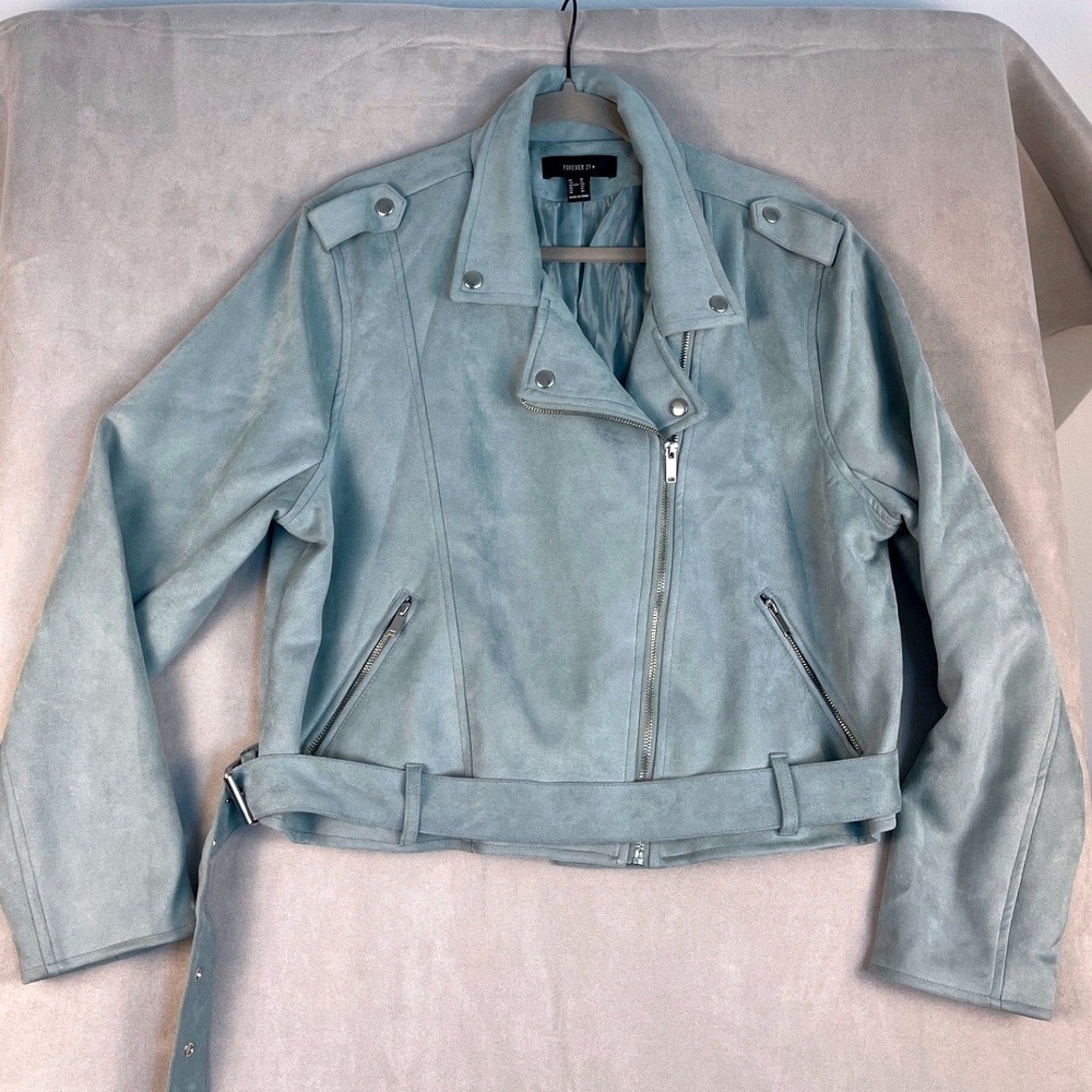 Forever 21+ Light Blue Faux Suede Moto Jacket Plus Size 1X Belted Biker Coat